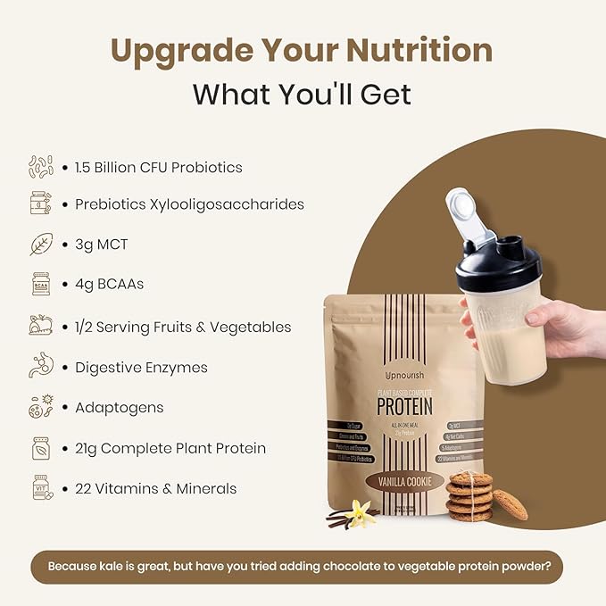UpNourish Vanilla Cookie Vegan Protein Powder 54 Superfoods Powder,1.5 Billion CFU Probiotics 21g Plant Based Protein,No Sugar No Dairy No GMO Dairy Free,Meal Replacement Shake Keto-Friendly Low-Carb Diet,15 Servings