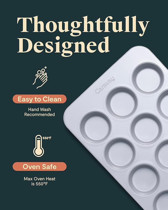 Caraway Non-Stick Ceramic 12-Cup Muffin Pan Duo - Naturally Slick Ceramic Coating - Non-Toxic, PTFE & PFOA Free - Perfect for Cupcakes, Muffins, and More - White