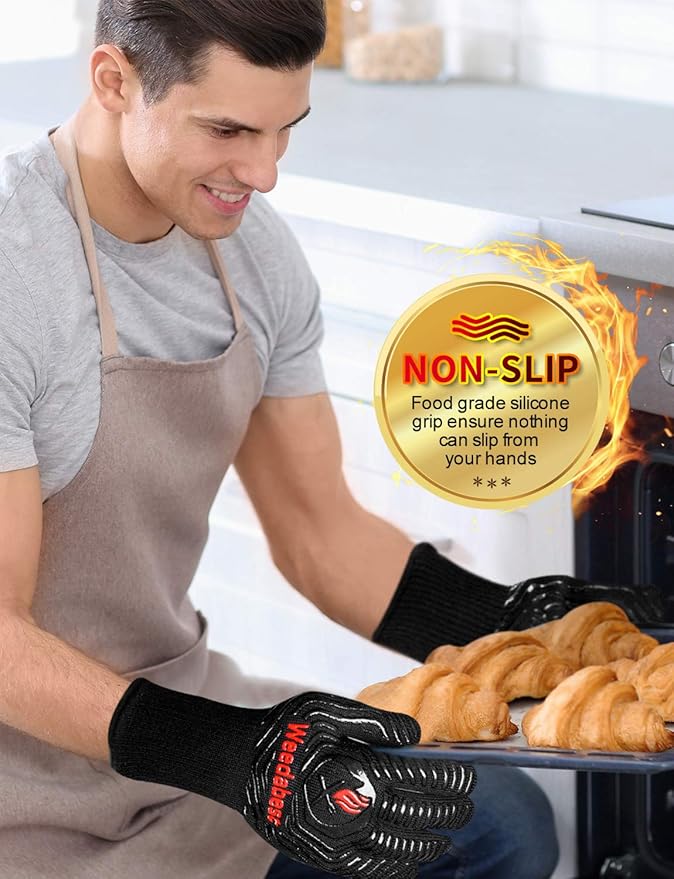 WEEDABEST Hot BBQ Gloves Heat Resistant Kitchen Oven Mitts Professional Long Heat Resistant Cooking Gloves for Grill,Grilling,Smoker,Barbeque,13.5 inch-Black