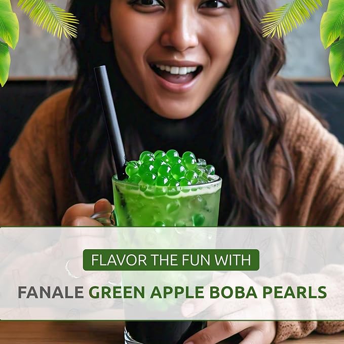 Fanale Green Apple Popping Boba Pearls, Vegan, Non GMO, Gluten Free, Fat Free, Perfect for Bubble Tea, Smoothies, Ice Cream, Desserts, and Beverages.