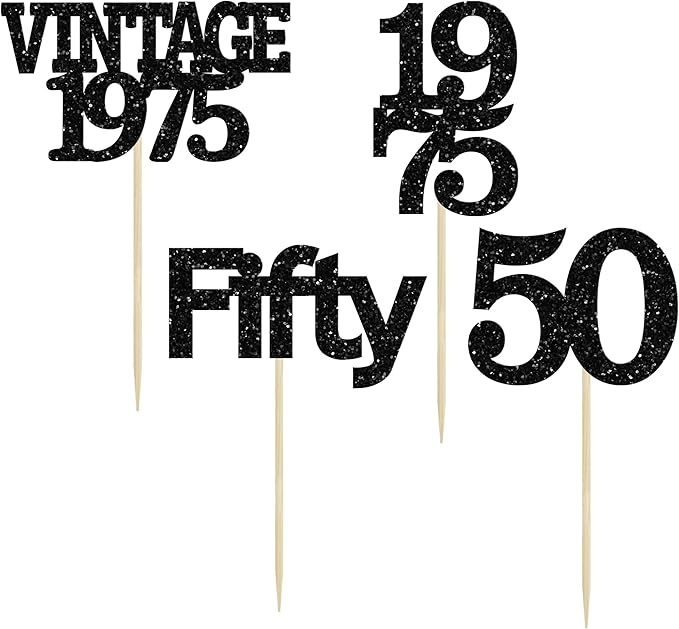 Gyufise 24Pcs Vintage 1975 Cupcake Toppers Cheers to 50 Fabulous Fifty Cupcake Picks 50th Birthday Wedding Anniversary Party Cake Decorations Supplies Black