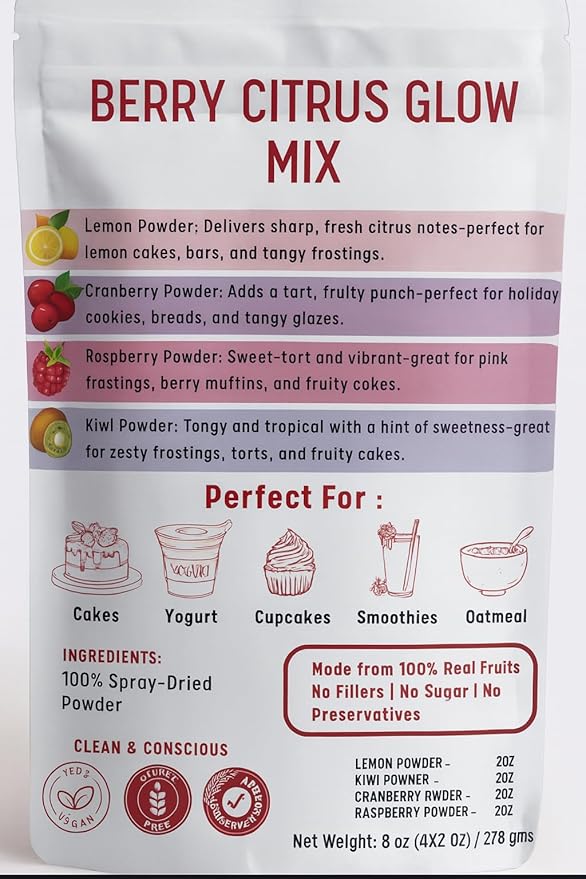 Confect Berry Citrus Glow Mix – 4 x 1.76 Oz Fruit Powder Pack | Raspberry, Lemon Juice, Cranberry & Kiwi | For Collagen Smoothies & Water Infusions | Vegan, No Sugar, Glow-Friendly – 7 Oz