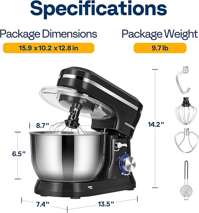 VIVOHOME 4.75 Quart Stand Mixer, 8 Speed Kitchen Electric Food Mixer, Household Stand Mixer for Baking, Cake, Bread with Beater, Dough Hook, Wire Whip and Egg Separator, Black