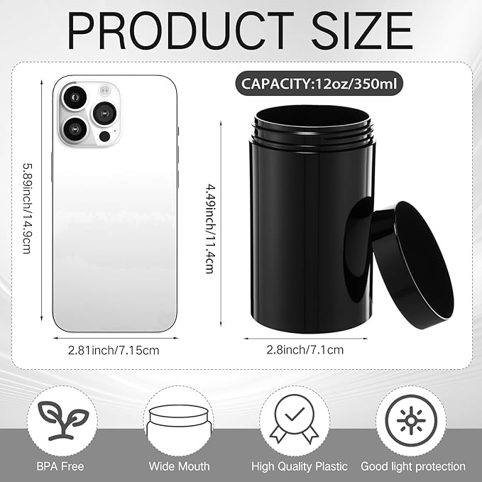 Patelai 4 Pieces Round Wide-mouth Leak Proof Plastic Container Jars with Lids for Travel Storage Makeup Beauty Products Face Creams Oils Salves Ointments DIY Making(12 Ounce,Pure Black)