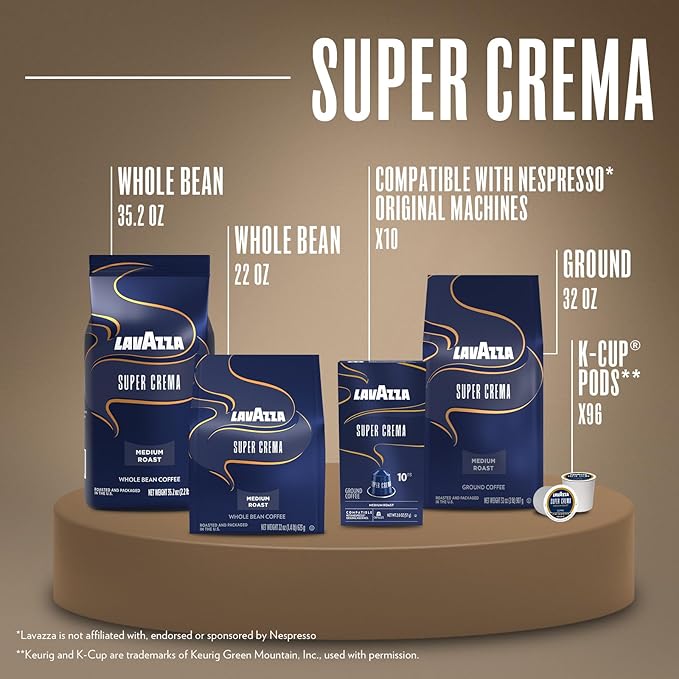 Lavazza Super Crema Whole Bean Coffee, Medium Espresso Roast, Arabica and Robusta Blend, 2.2 lb Bag (Pack of 3)