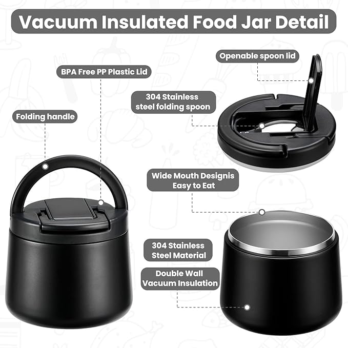14oz Insulated Vacuum Food Jar with Buckle Lid,Soup Thermo for Hot Food Kids,Wide Mouth Leakproof Stainless Steel Lunch Container with Spoon-Black