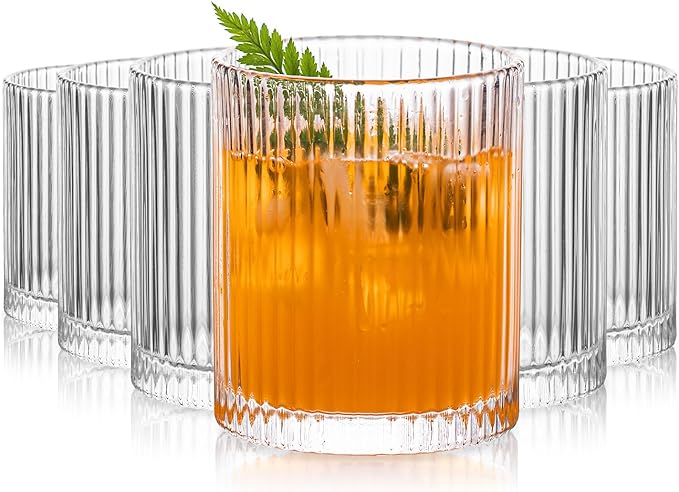 INSETLAN Ribbed Glass Tumblers Set of 6-14 oz Vintage Glassware, Clear Drinking Glasses for Wine, Juice, Cocktails, Water, Iced Coffee, Whiskey - Dishwasher Safe, Durable and Elegant