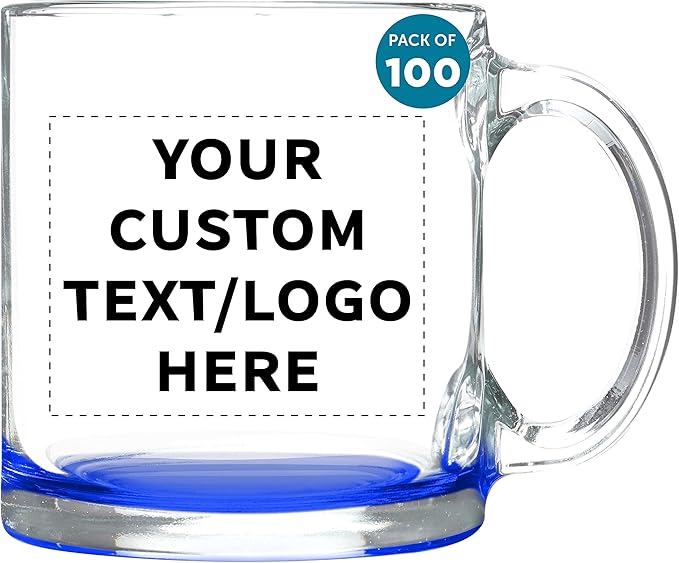Custom Clear Glass Coffee Mugs 13 oz. Set of 100, Personalized Bulk Pack - Perfect for Coffee, Tea, Espresso, Hot Cocoa, Other Beverages - Blue Bottom