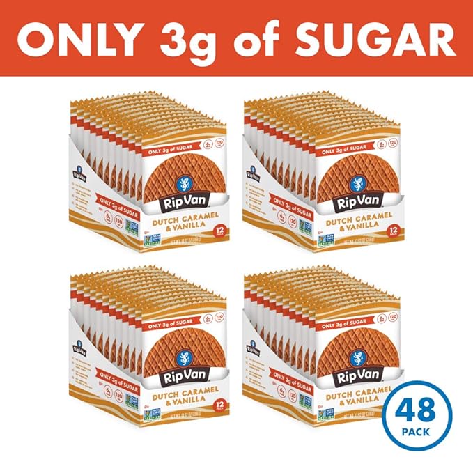Rip Van Wafels Dutch Caramel & Vanilla Stroopwafels - Healthy Snacks - Non GMO- Keto Friendly - Office Snacks - Low Sugar (3g) - Low Calorie- 48 Pack