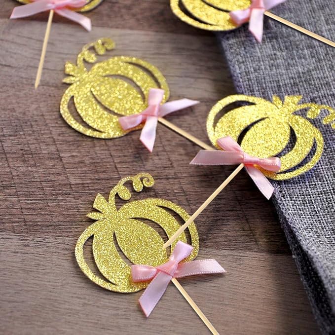 Pumpkin Cupcake Topper Fall Theme Cake Decoration for Pumpkin Themed Baby Shower Party Supplies, Pumpkin Food Pick - Set of 24 (Pink Bow)
