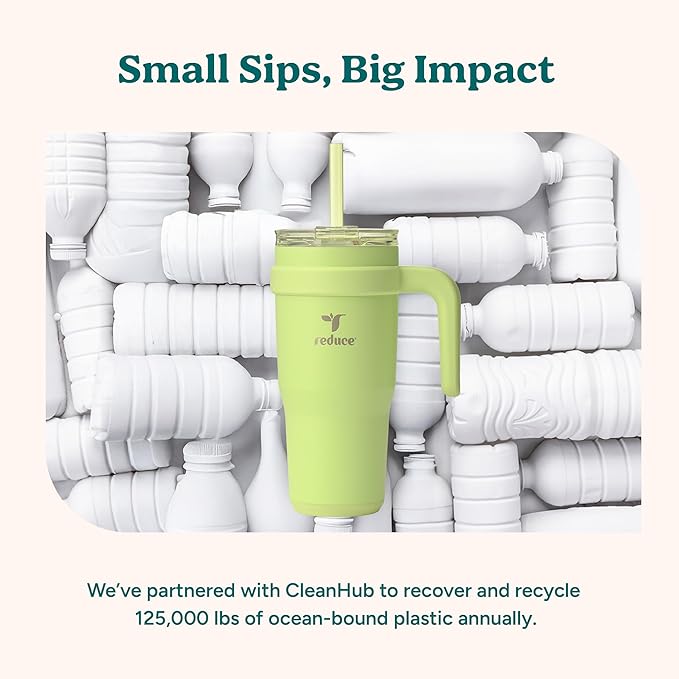 REDUCE 24 oz Stainless Steel Tumbler with Handle - Dual-Wall Vacuum Insulated Travel Mug, Sweat-Proof Lid & Reusable Straw - Keeps Drinks Cold for 24 Hrs, Fits Cupholders, Dishwasher Safe-Pink Cotton