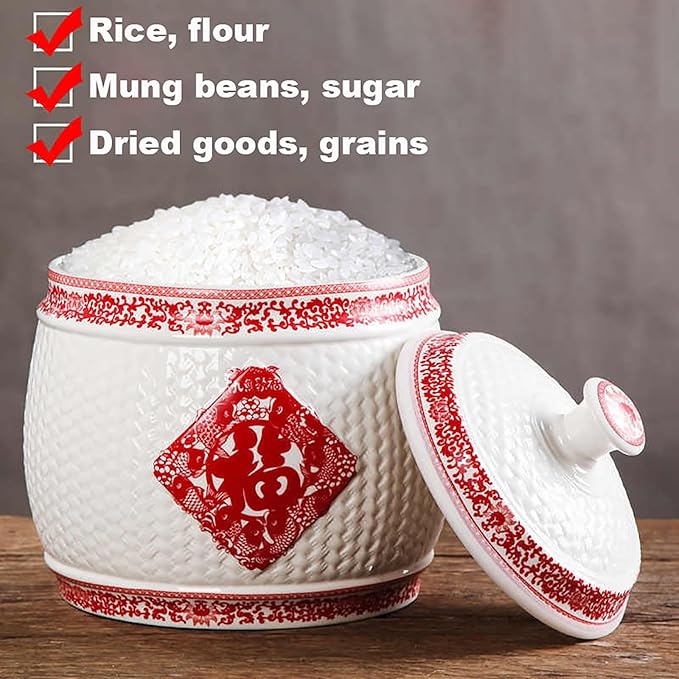 Chinese Sealed Large-Capacity Rice Pot, Ceramic Rice Bucket With Tassel Design, Grain Storage Ceramic Container, Rice Dispenser Airtight Storage Bucket For Grains Snacks Candy Coffee Beans Food(C,Capa