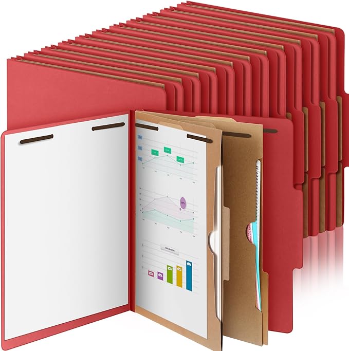 24 Pcs Classification Folders Letter Size, Back to School Supply for Teacher, Student, 2 Pocket Dividers Pressboard File Folder Bulk with 2 Fasteners, 2 in Expanding File Organizer (Red)