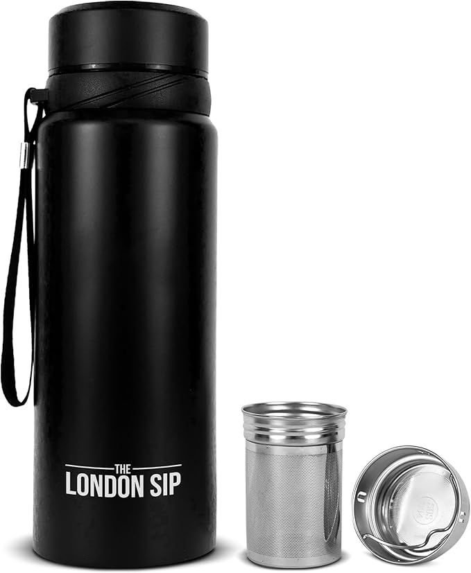 London Sip 25 oz Multi-Function Travel Mug and Tumbler Tea Infuser Water Bottle Fruit Infuser Flask Hot and Cold Double Wall Stainless Steel Coffee Thermos, Zen Black
