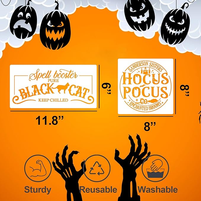 Halloween Stencils for Painting on Wood Reusable Halloween Doormat Stencils Hocus Pocus Boo Family Draw Templates for Wood Signs Walls Windows Fabrics T-Shirt DIY Crafts Decor