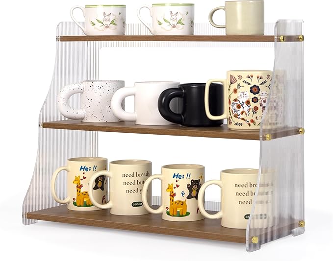 Coffee Mug Holder Wooden Cup Station Organizer 3 Tier Cup Holder for Coffee Bar Mug Display Rack for Countertop Mug Holder Shelf for Home Kitchen Nut Brown Solid Wood