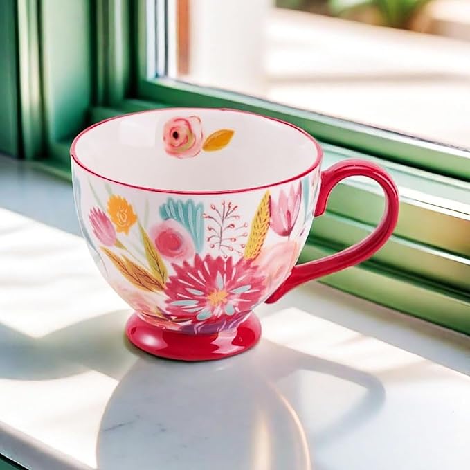 Vintage Flower Mugs – Large Ceramic Coffee Mug (15oz) – Cute Cereal Cup for Breakfast, Oatmeal Tea & Hot Drinks – Handmade Ceramic Cup with Floral Design