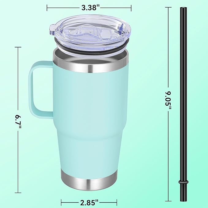 20 oz Stainless Steel Tumbler with Handle Metal Insulated Coffee Travel Mug with Handle Double Wall Tumbler Cup with Lid and Straw, Mint Green 1 Pack