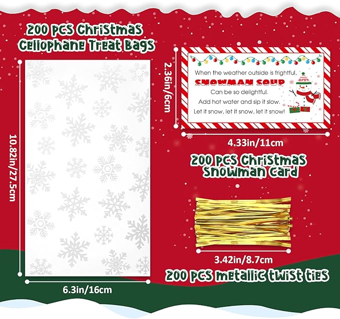 200 Sets Christmas Snowman Soup Kits for Classroom Coworker Gift 12 Oz Winter Snowman Paper Cups for Hot Cocoa Chocolate Marshmallow Soup Tags Clear Xmas Bags (Vibrant)