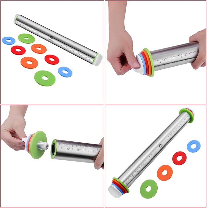 Rolling Pin and Pastry Baking Mat Set, Rolling Pins with Adjustable Thickness Rings, Stainless Steel Dough Roller for Baking Fondant, Pizza, Pie, Pastry, Pasta, Cookies (Black Mat)