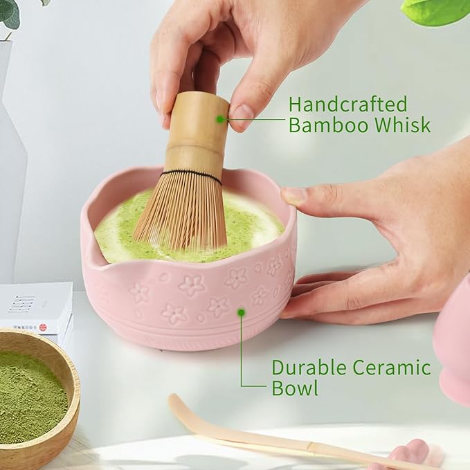 Matcha Whisk Set, Japanese Ceramic Matcha Bowl with Spout, Bamboo Whisk, Sifter, Scoop, Holder, Tea Cloth, 7-Piece Ceremonial Matcha Kit, Gift for Tea Lovers (pink)