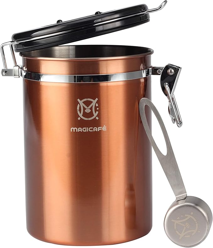 Coffee Container Vacuum Sealed - with Co2 Valve Airtight Beans Grounds Storage Coffee Canister with Scoop Medium Copper 16oz
