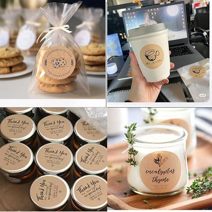 Custom Stickers Kraft Paper Labels Personalized Withe Text, Business Logo Customized Food Jars Labels Bakery Label Sticker Package Favor Canning Circle 100pcs (Style 12)
