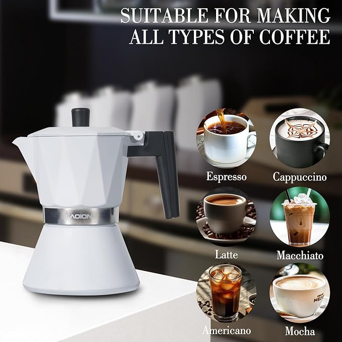 Moka Pot, 6-Cup Espresso Maker, 300ml Portable Stovetop Espresso Maker, Percolator Coffee Pot Compatible with Induction Cooktops, Suitable for Home and Camping (White)