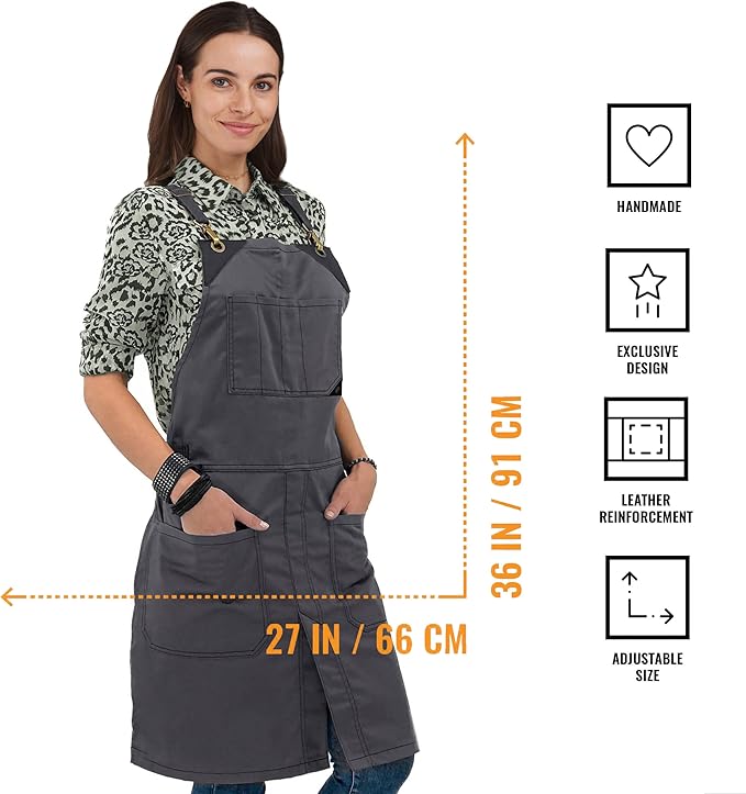 Under NY Sky Cross-Back Slate Gray Apron - Durable Denim with Leather Reinforcement and Split-Leg - Adjustable for Men and Women - Pro Chef, Tattoo, Baker, Barista, Bartender, Stylist, Server Aprons
