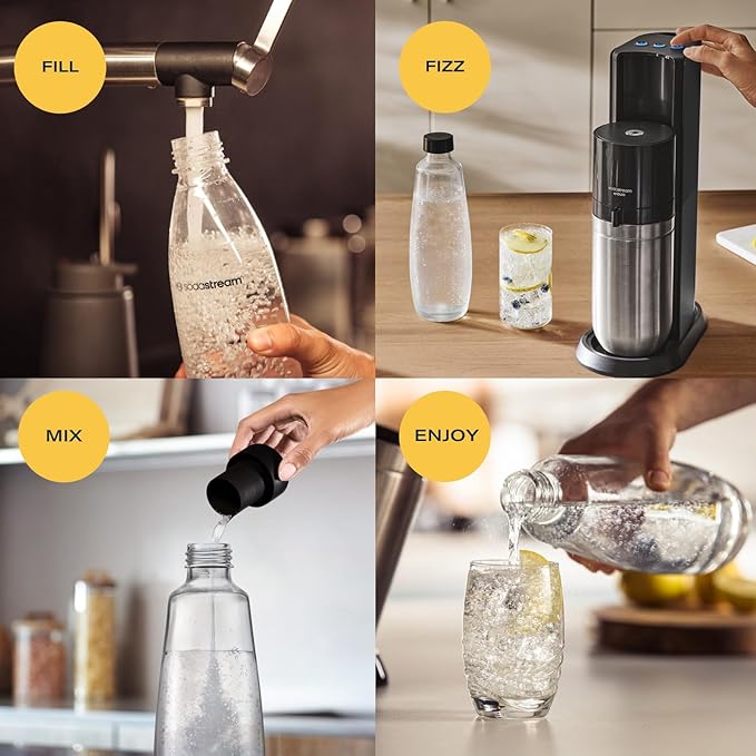 SodaStream E-Duo Sparkling Water Maker (Black) with 60L CO2, 1 BPA- Free Carbonating Bottle and (1)1L Glass Bottle