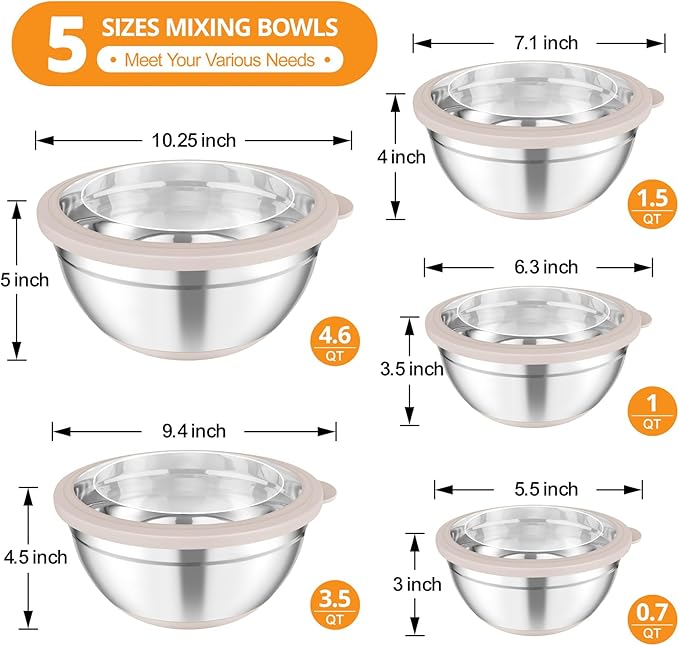 TeamFar Mixing Bowls, 5PCS Stainless Steel Serving Salad Bowls with Lids, For Kitchen Mixing/Baking/Storing/Prepping, Visible & Airtight, Non-Slip Bottom - 4.6/3.5/1.5/1 / 0.7 QT, Khaki