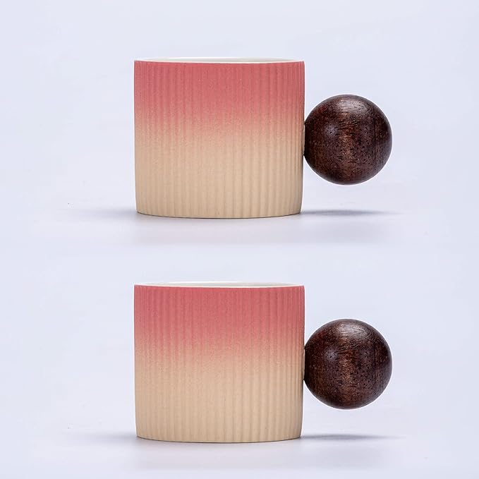 Ceramic Mini Espresso Cups Demitasse Cups with Round Wooden Handle Vertical Stripes Tea Cups (Beige&Pink, 2pcs)