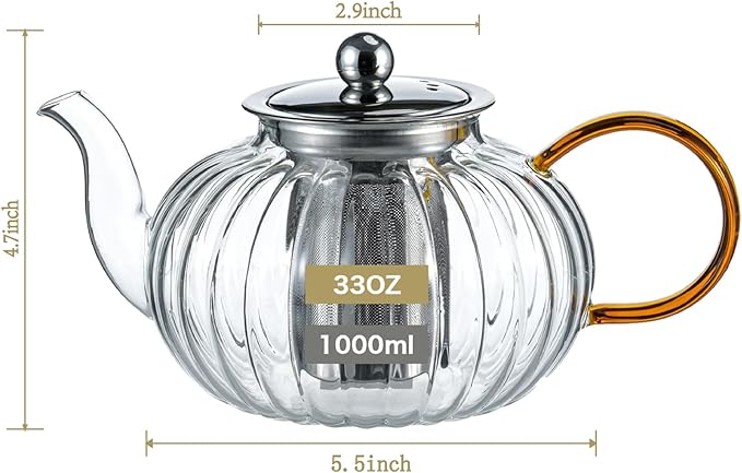 Glass Teapot 33.8oz/1000ml, Glass Tea Kettle with Removable Infuser, Pumpkin Shape Hand Blown Teapot for Blooming Flower Tea and Loose Leaf, Tea Lover's Choice