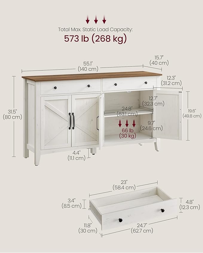 VASAGLE LIRY Collection - Buffet Cabinet, Coffee Bar Cabinet with 2 Drawers, Adjustable Shelves, Sideboard Storage with Cable Holes, Drawer Dividers, Rustic White and Honey Brown UBBK381W01