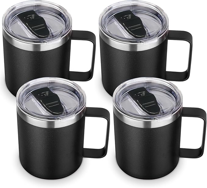 Volhoply 14oz Insulated Stainless Steel Coffee Mug with Lid Bulk 4 Pack,Double Wall Vacuum Travel Coffee Cup with Handle,Reusable Metal Cups Tumbler,Camping Mugs Keep Hot,Ideal Gifts(Black,4)