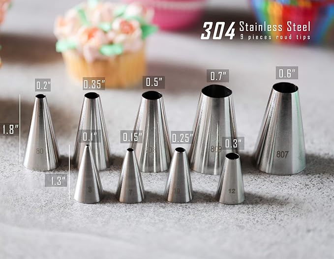 Round Piping Tip Set – 9 Stainless Steel Pastry Tips in Graduated Sizes with 20 Disposable Decorating Bags for Cupcakes, Cakes, Cookies, and Frosting Design