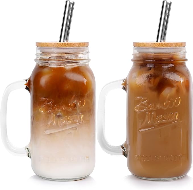 ANOTION Mason Jar with Lid and Straw, 24 oz Regular Mouth Mason Jars with Handle Drinking Glasses Tumbler Reusable Cups Smoothie Water Bottles for Iced Coffee (Classic 2 cups Style)