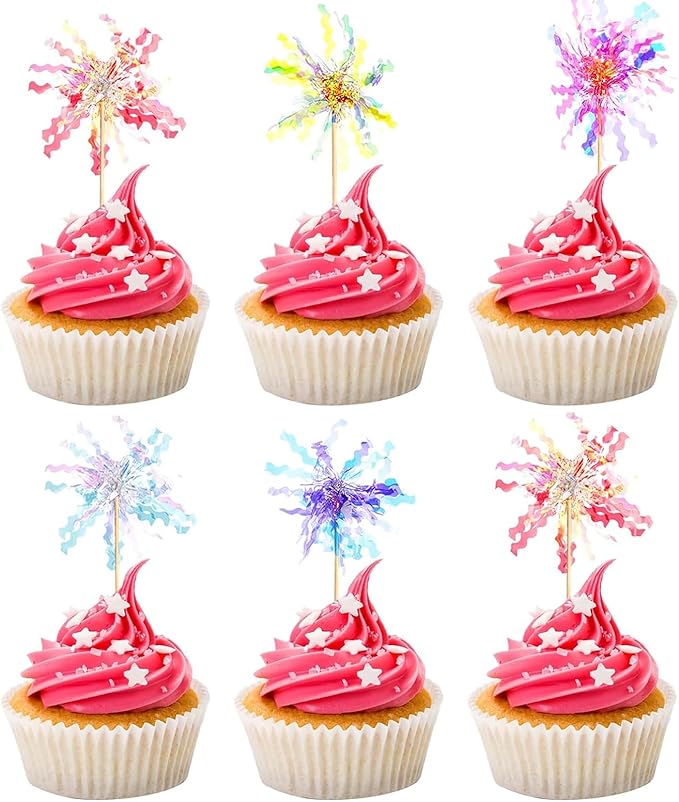 30 Pieces Happy Birthday Cake Toppers Foil Firework Cupcake Toppers Sparkle Tinsel Flower Drink Stirrers for Cake Decoration Party Supplies