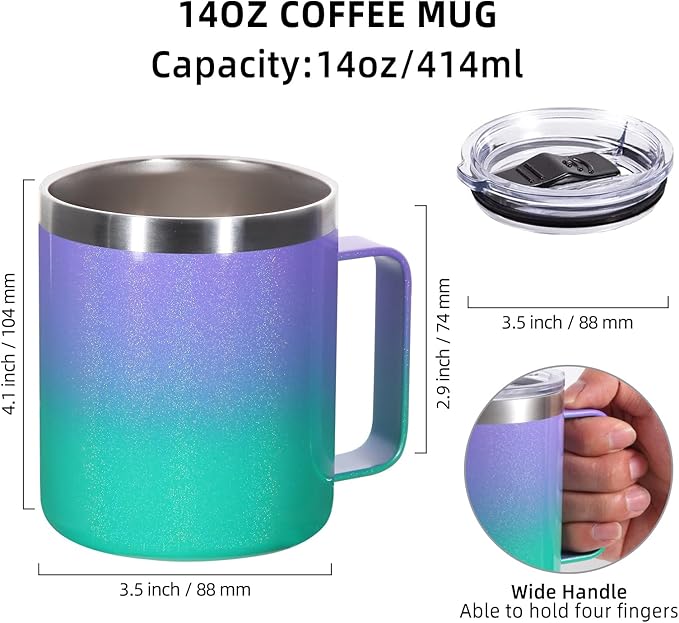 Volhoply 14oz Insulated Stainless Steel Coffee Mug with Leakproof Lid,Double Wall Vacuum Travel Coffee Cup with Handle,Reusable Cups Tumbler,Camping Mugs Keep Hot,Ideal Gifts(Purple Green,1)