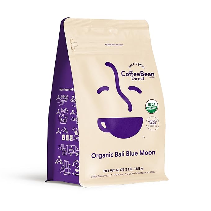 Coffee Bean Direct Organic Bali Blue Moon, Whole Bean Coffee, Light Roast, 1 Pound Bag (Pack of 1)