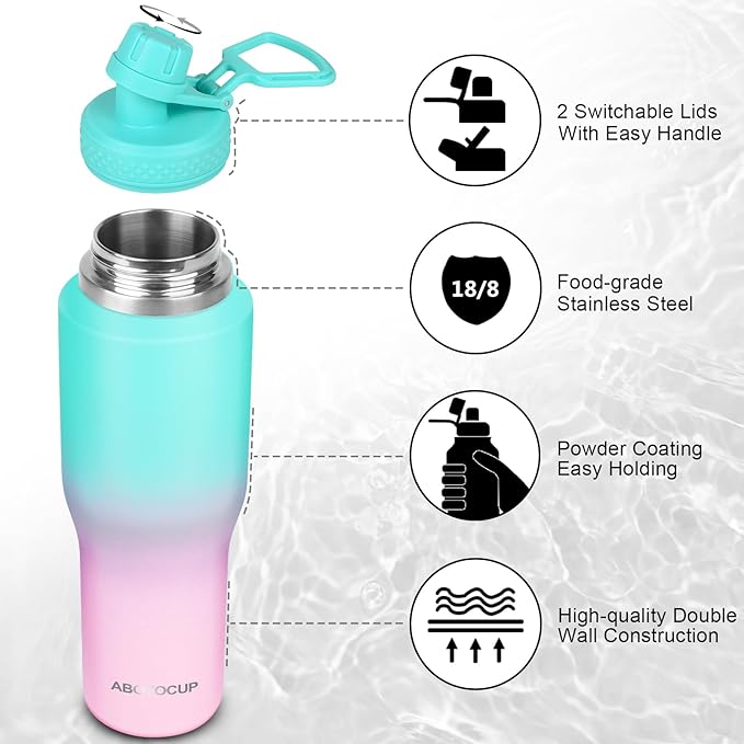 32oz Insulated Water Bottle, Fit in Any Car Cup Holder, Water Bottle with Straw Lids, Stainless Steel Insulated Water Flask Double Wall Leak-proof BPA Free to Keep Cold&Hot