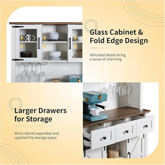72" Coffee Bar Wine Cabinet with Sliding Barn Door & LED Lights, Sideboard Buffet Cabinet with Wine Bottle Rack, 3 Drawers, Storage Cabinet for Kitchen, Dining Room, White