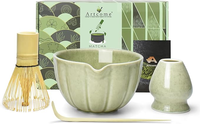 Artcome 4 Pcs Japanese Matcha Tea Set - Matcha Bowl with Pouring Spout, Matcha Whisk, Tea Scoop, Whisk Holder, Handmade Matcha Ceremony Kit For Japanese Tea Ceremony, Mottled Green