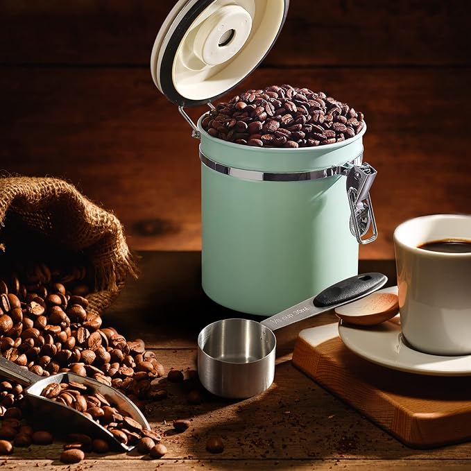 ShanSon Coffee Canister Airtight Coffee Container Stainless Steel Coffee Bean Storage Container with CO2 Release Valve and Scoop Coffee Canister for Beans,Grounds,Sugar,Flour,Tea,Cereal,16OZ,Green