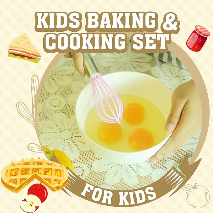 JoyTown Kids Cooking and Baking Set with Storage Case –Complete Cooking Supplies for The Junior Chef with Cookbook, Knives, Timer, Kids Baking Kit for Girls & Boys – Real Utensils Accessories - Pink