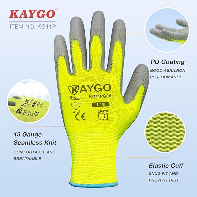 KAYGO Safety Work Gloves PU Coated-12 Pairs, KG11PB, Seamless Knit Glove with Polyurethane Coated Smooth Grip on Palm & Fingers, for Men and Women, Ideal for General Duty Work (XX-Large, Green)