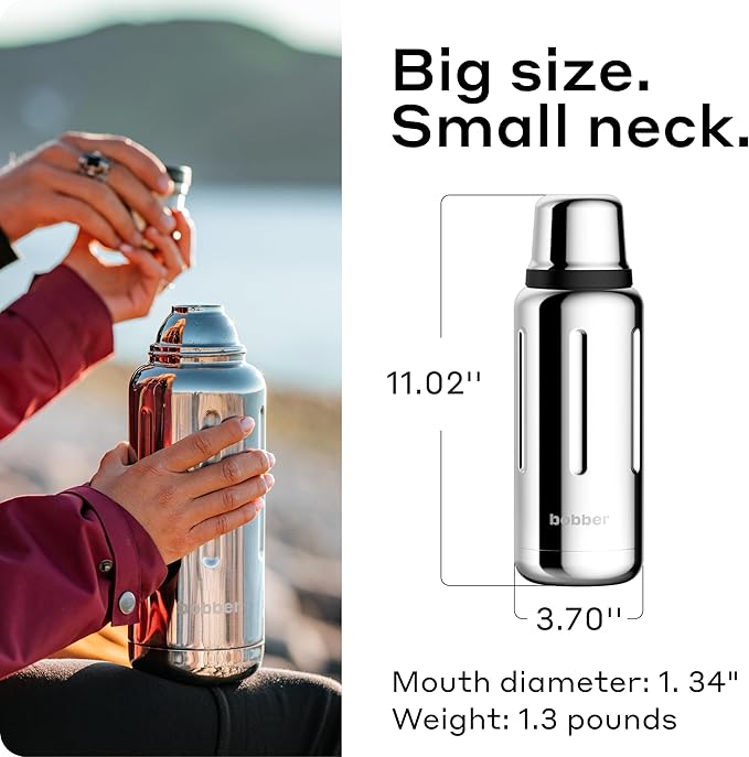 Bobber - 34 oz Vacuum Insulated Stainless Steel Water Bottle with Cup Lid - Dishwasher Safe - Keeps Drinks Hot for 48 Hours and Cold for 72 Hours - Triple Walled Thermo Flask (Glossy)