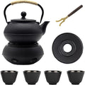 YJX Cast Iron Teapot Set with Cast Iron Warmer, Japanese Tetsubin Tea Kettle Set with Cups,Cast Iron Teapot with Stainless Steel Infuser and Enameled Interior(600ml Teapot Set Combination 1), Black