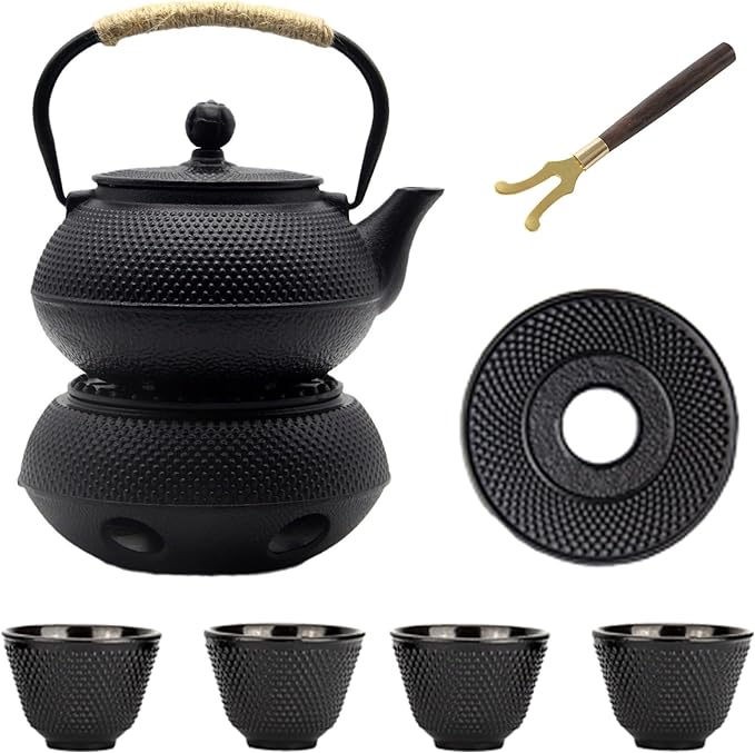 YJX Cast Iron Teapot Set with Cast Iron Warmer, Japanese Tetsubin Tea Kettle Set with Cups,Cast Iron Teapot with Stainless Steel Infuser and Enameled Interior(600ml Teapot Set Combination 1), Black