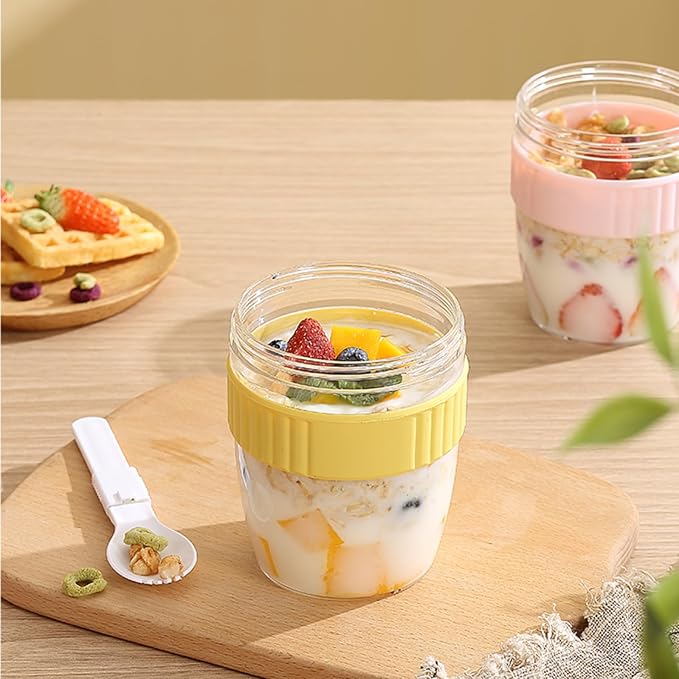 Breakfast On The Go Cups, Overnight Oats Containers With Lid And Folding Spoon, Take And Go Yogurt Cereal Snack Parfait Salad Containers For Lunch, Fruit & Vegetable Jar, 20 oz(Green)